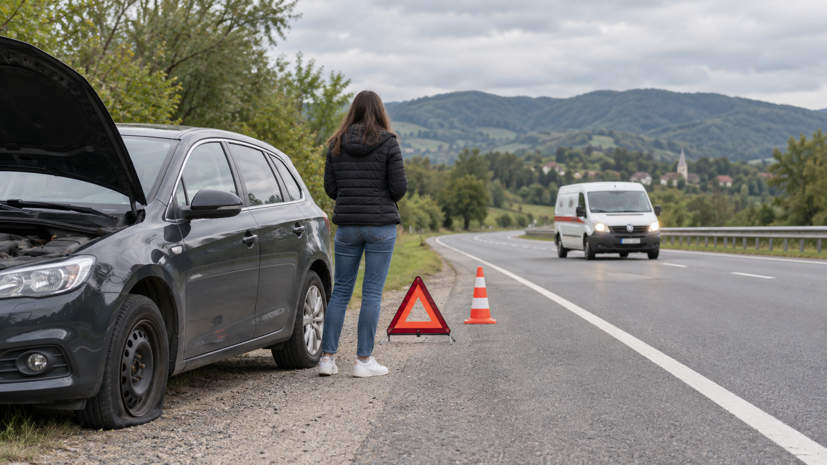 Автомобіль очікує допомогу на узбіччі, сервісний фургон наближається